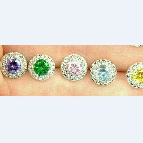 Solid 14k White Gold Round Halo Stud Push Back Earrings With Sparkling Stones - Picture 1 of 10